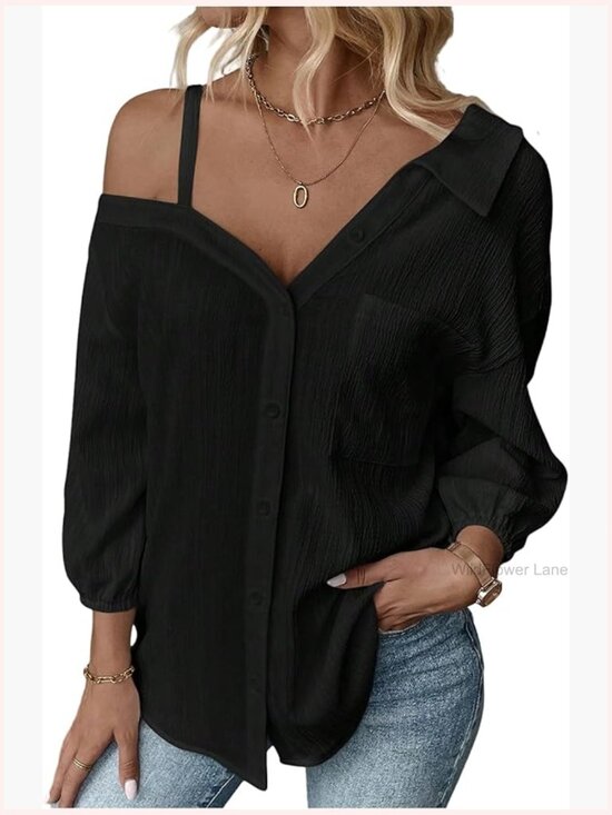 Tops - Off Shoulder Long Sleeve Button Down Linen Blouse Top